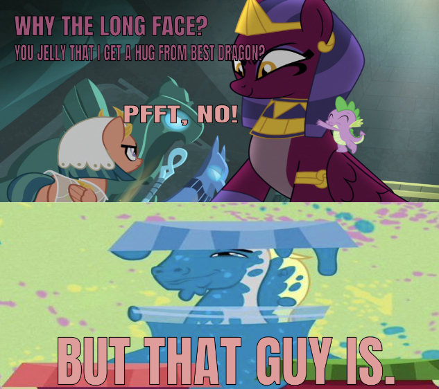 Size: 633x562 | Tagged: safe, derpibooru import, edit, edited screencap, editor:undeadponysoldier, screencap, hugh jelly, somnambula, sphinx (character), spike, dragon, earth pony, pegasus, pony, sphinx, daring done?, hearts and hooves day (episode), cute, dialogue, female, food, hug, i see what you did there, jelly, jelly pony, male, mare, pun, shipping, sphike, stallion, straight