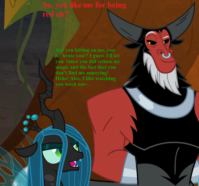 Size: 911x850 | Tagged: antagonist, caption, centaur, changeling, chrysirek, cropped, cute, cutealis, derpibooru import, edit, edited screencap, female, flirting, frenemies (episode), funny, image macro, legion of doom, lord tirek, male, nose piercing, nose ring, piercing, queen chrysalis, safe, screencap, shipping, smiling, smirk, straight, text, tirebetes