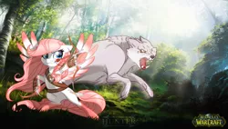 Size: 3000x1700 | Tagged: safe, artist:lessanamidairo, derpibooru import, oc, unofficial characters only, pegasus, pony, wolf, archery, arrow, bow (weapon), bow and arrow, forest, warcraft, weapon