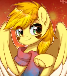 Size: 1933x2210 | Tagged: safe, artist:wkirin, derpibooru import, oc, oc:hotaru, unofficial characters only, pegasus, pony, robot, robot pony, clothes, frog (hoof), hooves, looking at you, scarf, smiley face, solo, underhoof, wings