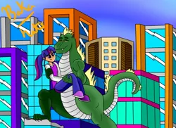 Size: 1048x762 | Tagged: artist:bakanato, city, derpibooru import, godzilla, godzilla (series), human, humanized, kaiju, macro, safe, shipping, twilight sparkle