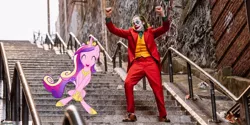 Size: 1000x500 | Tagged: safe, derpibooru import, edit, edited screencap, screencap, princess cadance, alicorn, human, pony, arthur fleck, dancing, dancing joker, female, joaquin phoenix, joker (2019), joker stairs, mare, meme, stairs, the joker