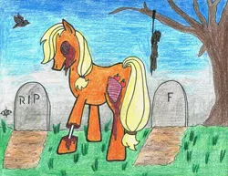 Size: 1489x1149 | Tagged: grimdark, artist:assertiveshypony, derpibooru import, applejack, bird, earth pony, pony, raven (bird), undead, zombie, bone, fog, gravestone, hanged, mist, tree