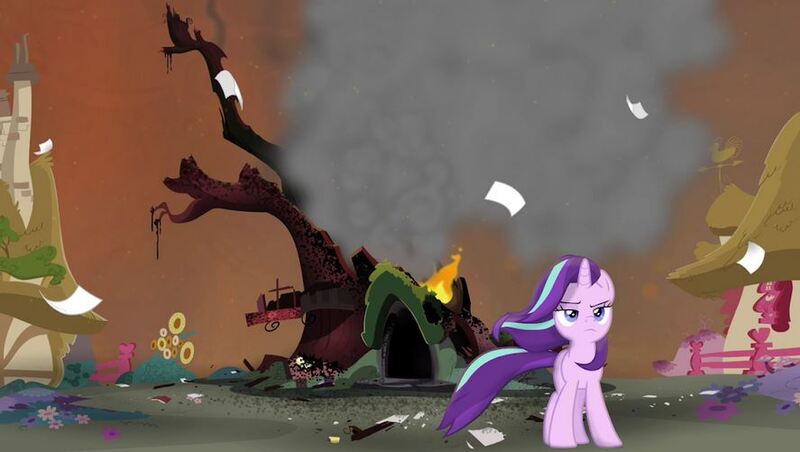 Size: 887x501 | Tagged: safe, derpibooru import, edit, edited screencap, screencap, starlight glimmer, pony, unicorn, twilight's kingdom, badass, cool guys don't look at explosions, destroyed, destruction, fire, golden oaks library, library, ruins, solo, starlight glimmer in places she shouldn't be, walking away, windswept mane