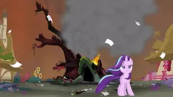 Size: 887x501 | Tagged: safe, derpibooru import, edit, edited screencap, screencap, starlight glimmer, pony, unicorn, twilight's kingdom, badass, cool guys don't look at explosions, destroyed, destruction, fire, golden oaks library, library, ruins, solo, starlight glimmer in places she shouldn't be, walking away, windswept mane