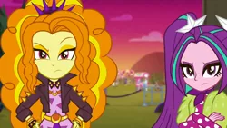 Size: 1920x1080 | Tagged: safe, derpibooru import, screencap, adagio dazzle, aria blaze, pinkie pie, puffed pastry, equestria girls, equestria girls series, sunset's backstage pass!, spoiler:eqg series (season 2), adagio is not amused, angry, annoyed, ascot, bracelet, crossed arms, duo focus, female, hand on hip, looking at you, pigtails, raised eyebrow, resting bitch face, spiked wristband, twintails, unamused, wristband