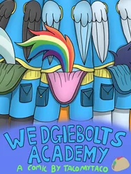 Size: 3024x4032 | Tagged: suggestive, artist:tacomytaco, derpibooru import, rainbow dash, soarin', thunderlane, pegasus, pony, comic:wedgiebolts academy, bipedal, blue underwear, briefs, clothes, comic, cover page, female, green underwear, male, panties, pink underwear, shirt, shorts, underwear, wedgie