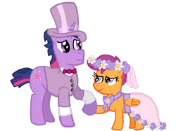 Size: 2732x2048 | Tagged: safe, artist:turnaboutart, derpibooru import, scootaloo, twilight sparkle, pegasus, pony, unicorn, a canterlot wedding, adopted offspring, clothes, cuffs (clothes), dress, dusk shine, father and child, father and daughter, female, floral head wreath, flower, flower filly, flower girl, flower girl dress, flower in hair, hat, holding hooves, male, marriage, rule 63, simple background, stallion, suit, top hat, transparent background, tuxedo, unicorn twilight, wedding
