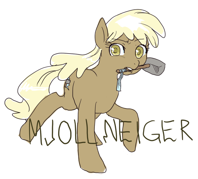 Size: 850x766 | Tagged: artist needed, safe, derpibooru import, mjölna, earth pony, pony, ponibooru, 2012, female, hammer, mare, mouth hold, pun, text