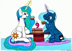 Size: 3495x2471 | Tagged: safe, artist:killerteddybear94, derpibooru import, princess celestia, princess luna, alicorn, pony, aweeg*, cake, cakelestia, candle, cute, eating, female, food, happy birthday mlp:fim, looking at each other, magic, mlp fim's ninth anniversary, open mouth, royal sisters, scrunchy face, siblings, sisters, sitting, smiling, table, traditional art