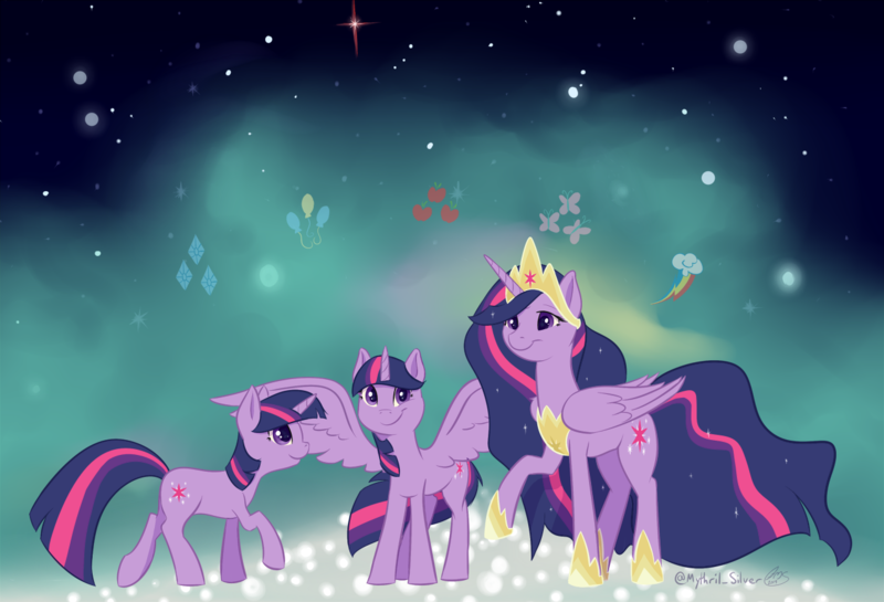 Size: 1280x872 | Tagged: safe, artist:mythril silver, derpibooru import, princess twilight 2.0, twilight sparkle, twilight sparkle (alicorn), alicorn, pony, unicorn, the last problem, applejack's cutie mark, crown, cutie mark, female, fluttershy's cutie mark, hoof shoes, immortality blues, jewelry, mare, older, older twilight, peytral, pinkie pie's cutie mark, princess celestia's special princess making dimension, rainbow dash's cutie mark, rarity's cutie mark, regalia, self ponidox, unicorn twilight