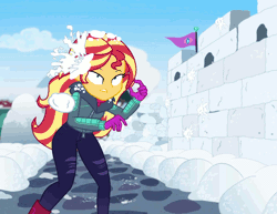 Size: 1400x1080 | Tagged: safe, derpibooru import, screencap, flash sentry, sunset shimmer, equestria girls, equestria girls series, holidays unwrapped, spoiler:eqg series (season 2), animated, clothes, cropped, flag, gif, snow, snowball, wall, winter outfit