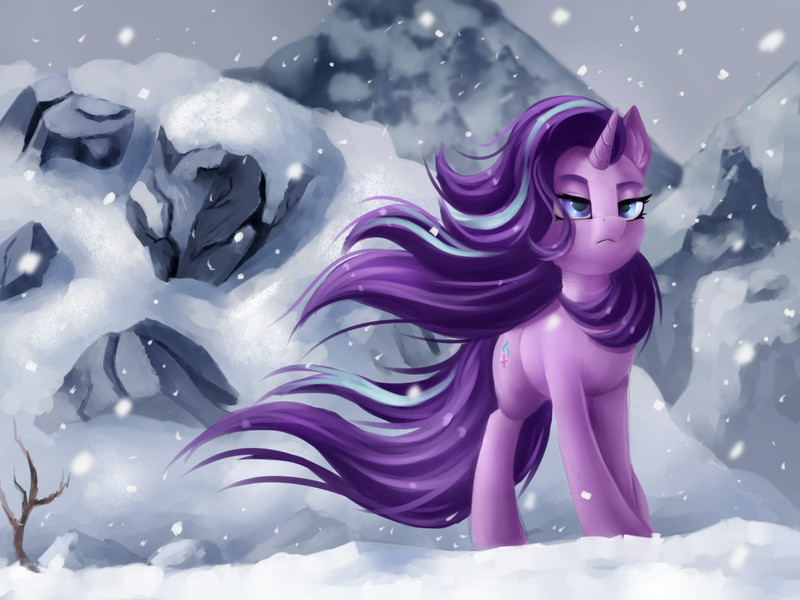 Size: 4000x3000 | Tagged: safe, artist:pony-way, derpibooru import, starlight glimmer, pony, unicorn, the ending of the end, badass, cool guys don't look at explosions, ear fluff, female, lidded eyes, mare, scene interpretation, snow, solo