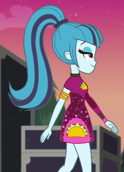 Size: 777x1080 | Tagged: safe, derpibooru import, screencap, sonata dusk, equestria girls, equestria girls series, sunset's backstage pass!, spoiler:eqg series (season 2), armlet, clothes, cropped, dress, female, legs, lidded eyes, minidress, outdoors, ponytail, taco dress