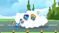 Size: 1366x768 | Tagged: safe, derpibooru import, screencap, rainbow dash, soarin', spitfire, pony, the last problem, cap, clothes, cloud, coach, coach rainbow dash, coaching cap, goggles, hat, rainbow dashs coaching whistle, runway, runway lights, tree, uniform, whistle, whistle necklace, wonderbolts, wonderbolts uniform