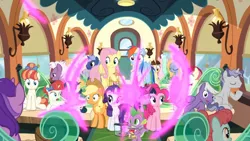Size: 1366x768 | Tagged: alicorn, amethyst star, applejack, ballet jubilee, comic book, curtain, curtains, dawnlighter, derpibooru import, dragon, fluttershy, friendship student, goldy wings, green sprout, lamp, loganberry, magic, mane six, midnight snack (character), pinkie pie, rainberry, rainbow dash, rainbow stars, rarity, roseluck, safe, screencap, seat, shocked, silver script, spike, star bright, surprised, teleportation, tempting fate, tender brush, the last problem, train, twilight sparkle, twilight sparkle (alicorn), window, winged spike, winter lotus