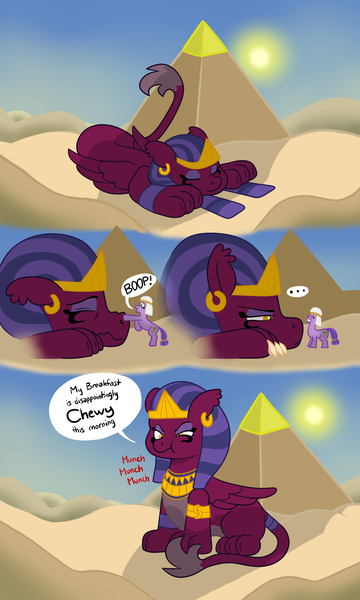 Size: 1728x2880 | Tagged: semi-grimdark, artist:wispy tuft, derpibooru import, sphinx (character), oc, oc:oasis palm, earth pony, pony, sphinx, daring done?, ..., :o, :t, annoyed, bad mood, boop, booping problem, breakfast, claws, comic, cute, cutie mark, desert, ear tufts, eating, egyptian, eyes closed, eyeshadow, female, fetish, floppy ears, food, frown, giantess, glare, good intentions gone wrong, grumpy, imminent death, implied vore, lazy, lidded eyes, macro, macro/micro, makeup, male, non-consensual booping, nose wrinkle, open mouth, palm tree, peaceful, prone, pyramid, resting, sand, shade, sitting, sleeping, sleepy, smiling, snooze, speech bubble, squee, stallion, sun, tree, vore, waking up, wavy mouth