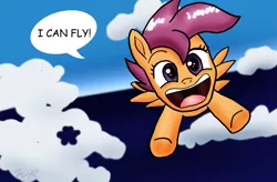 Size: 1833x1203 | Tagged: safe, artist:sonigoku, derpibooru import, scootaloo, pegasus, pony, happy birthday mlp:fim, irrational exuberance, mlp fim's ninth anniversary, scootaloo can fly, smiling, song reference