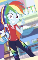 Size: 488x766 | Tagged: safe, derpibooru import, screencap, rainbow dash, rarity, equestria girls, equestria girls series, holidays unwrapped, spoiler:eqg series (season 2), big smile, canterlot mall, christmas, christmas lights, clothes, cropped, cute, dashabetes, holiday, jersey, peace sign, solo focus