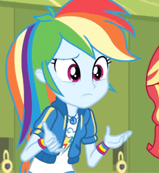 Size: 407x443 | Tagged: safe, derpibooru import, screencap, rainbow dash, sunset shimmer, equestria girls, equestria girls series, holidays unwrapped, spoiler:eqg series (season 2), animated, cropped, geode of super speed, gif, magical geodes, solo focus