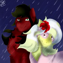 Size: 3000x3000 | Tagged: safe, artist:euspuche, derpibooru import, oc, oc:carmen garcía, oc:cloud rider, unofficial characters only, earth pony, pegasus, pony, caroud, confused, flower, flower in hair, looking up, rain, smiling