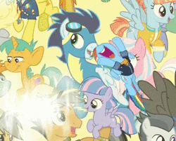 Size: 465x374 | Tagged: safe, derpibooru import, edit, edited screencap, screencap, bow hothoof, clear sky, daring do, derpy hooves, quibble pants, rainbow dash, rumble, snails, snips, soarin', spitfire, tank, thunderlane, wind sprint, windy whistles, earth pony, pegasus, pony, unicorn, the last problem, animated, colt, cropped, female, filly, male, mare, stallion, wat
