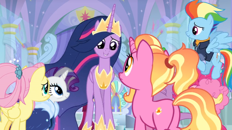 Size: 1364x768 | Tagged: safe, derpibooru import, screencap, fluttershy, li'l cheese, luster dawn, princess twilight 2.0, rainbow dash, rarity, twilight sparkle, twilight sparkle (alicorn), alicorn, pony, the last problem, archway, column, crown, jewelry, older, older fluttershy, older rainbow dash, older rarity, older twilight, peytral, regalia, stained glass, throne room