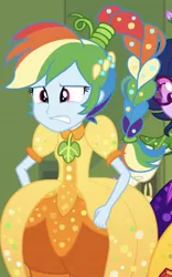 Size: 408x655 | Tagged: safe, derpibooru import, screencap, rainbow dash, sci-twi, twilight sparkle, equestria girls, equestria girls series, holidays unwrapped, spoiler:eqg series (season 2), clothes, cornucopia costumes, costume, cropped, cute, o come all ye squashful, ponytail, rainbow dash always dresses in style, solo focus