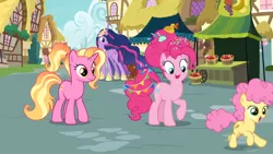 Size: 1364x768 | Tagged: safe, derpibooru import, edit, edited screencap, screencap, li'l cheese, luster dawn, pinkie pie, princess twilight 2.0, twilight sparkle, twilight sparkle (alicorn), alicorn, earth pony, unicorn, the last problem, apple, building, colt, crown, female, food, house, jewelry, male, older, older pinkie pie, older twilight, peytral, ponyville, regalia, streamers, wheel