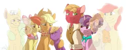 Size: 5000x2000 | Tagged: safe, artist:glitterstar2000, derpibooru import, apple bloom, applejack, big macintosh, bright mac, grand pear, granny smith, little mac, pear butter, sugar belle, earth pony, ghost, pony, undead, unicorn, the last problem, apple family, bittersweet, chest fluff, colt, crying, ear fluff, end of an era, end of g4, end of ponies, eyes closed, goldie delicious' scarf, granny smith's scarf, high res, male, neck fluff, older, older apple bloom, older applejack, older big macintosh, simple background, the end is neigh, the whole apple family, white background