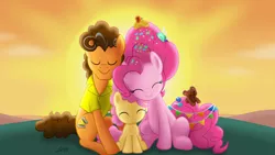 Size: 5600x3150 | Tagged: safe, artist:infogirl101, derpibooru import, cheese sandwich, li'l cheese, pinkie pie, pony, the last problem, cheesepie, cute, eyes closed, family, female, filly, male, older, older cheese sandwich, older pinkie pie, shipping, sitting, smiling, straight, sunset