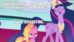 Size: 1339x753 | Tagged: safe, derpibooru import, edit, edited screencap, screencap, luster dawn, princess twilight 2.0, twilight sparkle, twilight sparkle (alicorn), alicorn, pony, unicorn, the last problem, and that's how twilight sparkle was made, exploitable meme, luster dawn is not amused, meme, mid-blink screencap, noodle incident, older, older twilight, twilight 2.0's reminiscences, twilight eats a bird