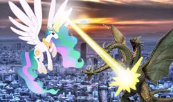 Size: 500x295 | Tagged: safe, derpibooru import, princess celestia, alicorn, kaiju, pony, crossover, fight, giant pony, giantlestia, godzilla (series), king ghidorah, macro