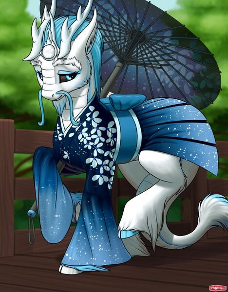 Size: 999x1280 | Tagged: alternate version, artist:wwredgrave, beard, bridge, clothes, commission, crossdressing, derpibooru import, dress, facial hair, horns, japan, japanese, kimono (clothing), kirin, kirin oc, oc, safe, solo, umbrella, ych result