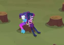 Size: 327x229 | Tagged: safe, derpibooru import, screencap, rarity, sci-twi, twilight sparkle, equestria girls, equestria girls series, wake up!, spoiler:choose your own ending (season 2), spoiler:eqg series (season 2), clothes, cropped, cute, eyes closed, glasses, grass, music festival outfit, open mouth, ponytail, sitting, sleeping, tree stump