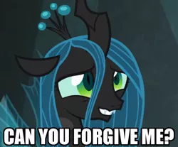 Size: 586x485 | Tagged: safe, derpibooru import, edit, edited screencap, screencap, queen chrysalis, changeling, changeling queen, pony, frenemies (episode), season 9, spoiler:s09, a better ending for chrysalis, adorkable, alternate ending, alternate scenario, alternate universe, apology, bad poker face, caption, character development, cropped, cute, cutealis, dialogue, dork, dorkalis, fangs, female, good end, grin, happy, image macro, impact font, looking at you, mare, meta, nervous, nervous grin, open mouth, reaction image, redemption, reformed, regret, silly, silly pony, smiling, solo, sorry, spread wings, standing, talking, teeth, text, what if, when she smiles, wings