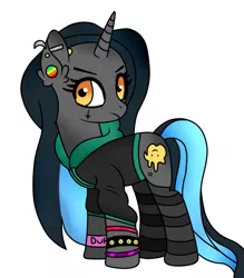 Size: 837x955 | Tagged: safe, artist:missxxfofa123, artist:moon-rose-rosie, derpibooru import, oc, oc:tough cookie (ice1517), unofficial characters only, pony, unicorn, base used, bracelet, clothes, ear piercing, earring, female, hoodie, jewelry, makeup, mare, piercing, simple background, socks, solo, striped socks, white background, wristband