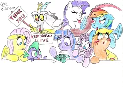 Size: 3500x2477 | Tagged: safe, artist:gafelpoez, derpibooru import, applejack, discord, fluttershy, pinkie pie, rainbow dash, rarity, spike, twilight sparkle, pony, bell, grogar's bell, juan gelman, mane seven, mane six, patti smith, tongue out