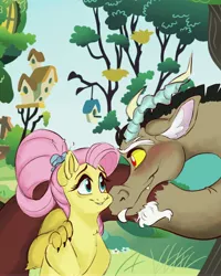 Size: 4000x5000 | Tagged: safe, artist:vantiss, derpibooru import, discord, fluttershy, the last problem, blushing, discoshy, female, fluttershy's cottage, looking at each other, male, older, older fluttershy, shipping, smiling, straight