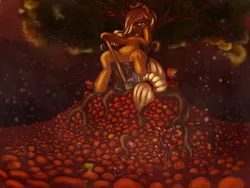 Size: 2000x1500 | Tagged: safe, artist:t72b, derpibooru import, applejack, earth pony, semi-anthro, apple, applejack's hat, axe, biting pear of salamanca, cowboy hat, female, food, hat, hoof hold, living apple, mare, pear, sitting, solo, that pony sure does love apples, throne, tree, weapon