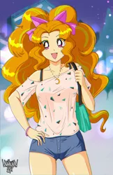 Size: 2842x4383 | Tagged: safe, artist:danmakuman, derpibooru import, adagio dazzle, human, equestria girls, '90s, adoragio, anime, bow, clothes, cute, digital art, female, hair bow, humanized, jewelry, looking at you, necklace, open mouth, sailor moon, shirt, shorts, smiling, solo