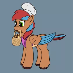 Size: 811x811 | Tagged: apron, artist:redquoz, basket, bird, bird pone, chef's hat, clothes, colored sketch, derpibooru import, hat, oc, oc:allegra mazarine, pegasus, safe, sketch, solo, two toned mane, two toned wings, wings