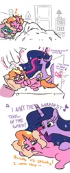 Size: 827x2033 | Tagged: safe, artist:jargon scott, derpibooru import, edit, luster dawn, princess twilight 2.0, twilight sparkle, twilight sparkle (alicorn), alicorn, pony, unicorn, the last problem, all star (song), bed, comic, duo, female, mare, plushie, singing, smash mouth, song reference