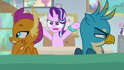 Size: 1280x720 | Tagged: bracelet, couch, derpibooru import, gallus, jewelry, safe, screencap, smolder, starlight glimmer, starlight's office, student counsel