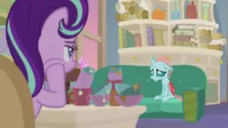Size: 1920x1080 | Tagged: safe, derpibooru import, screencap, ocellus, starlight glimmer, changeling, unicorn, student counsel, book, couch, scroll, starlight's office