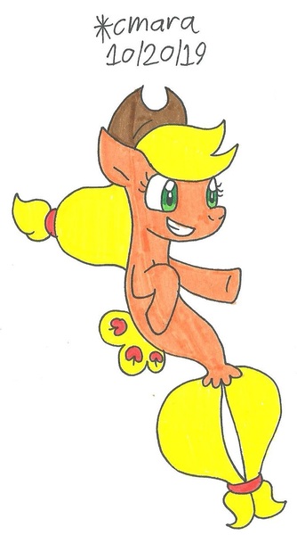 Size: 766x1374 | Tagged: applejack, applejack's hat, artist:cmara, cowboy hat, derpibooru import, female, grin, hat, mare, raised hoof, safe, seaponified, seapony applejack, seapony (g4), simple background, smiling, solo, species swap, traditional art, white background