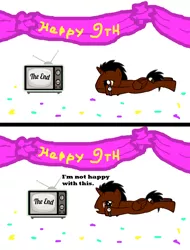 Size: 1000x1316 | Tagged: safe, derpibooru import, oc, oc:bob, unofficial characters only, pony, pony creator, comic, confetti, disease not alicorn, happy birthday mlp:fim, mlp fim's ninth anniversary, solo, television