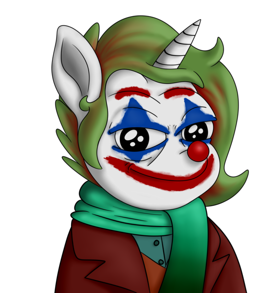 Size: 3600x3795 | Tagged: safe, artist:xchan, derpibooru import, oc, oc:cotton coax, ponified, unofficial characters only, pony, unicorn, absurd resolution, clothes, clown, clown nose, face paint, joker (2019), meme, scarf, simple background, solo, suit, the joker, transparent background