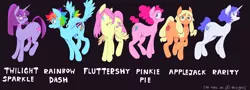 Size: 3244x1174 | Tagged: safe, artist:yev-san, derpibooru import, applejack, fluttershy, pinkie pie, rainbow dash, rarity, twilight sparkle, pony, leak, spoiler:g5, applejack (g5), concept, design, fluttershy (g5), g5, mane six, mane six (g5), pinkie pie (g5), rainbow dash (g5), rarity (g5), twilight sparkle (g5)