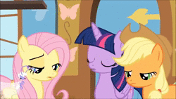 Size: 1280x720 | Tagged: safe, derpibooru import, screencap, applejack, fluttershy, seabreeze, twilight sparkle, twilight sparkle (alicorn), alicorn, breezie, earth pony, pegasus, pony, it ain't easy being breezies, animated, blushing, female, fluttershy's cottage, implied swearing, male, mare, sound, webm